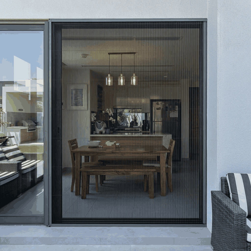 Single fly screen installed in Dubai villa dining room - white aluminium frame grey mesh garden view