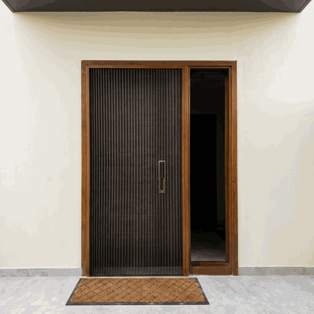 Single retractable pleated fly screen installed on casement window in Dubai home with aluminium frame