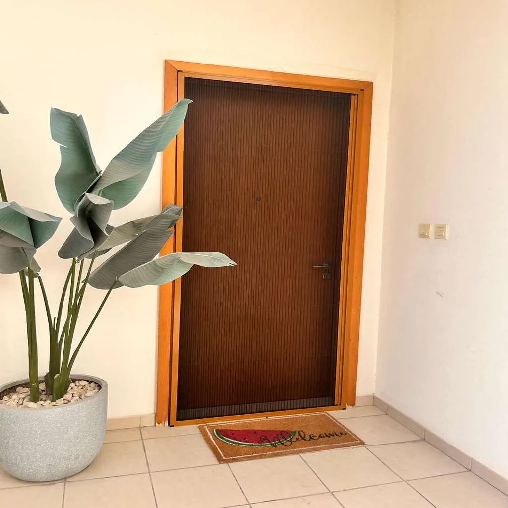 Single fly screen installed on a Dubai villa door with garden view