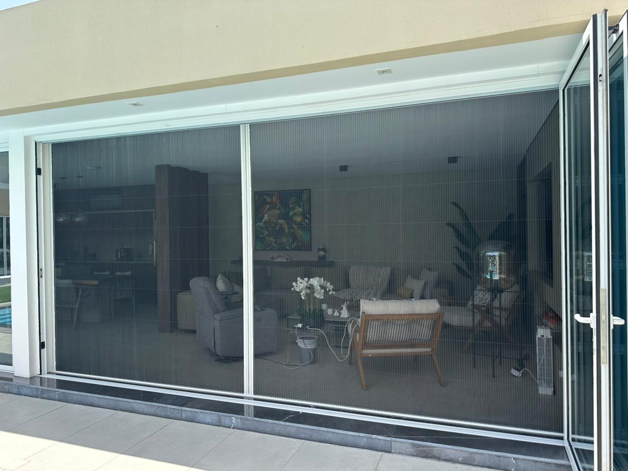 Double fly screen white frame Dubai villa double door dark grey mesh two panel