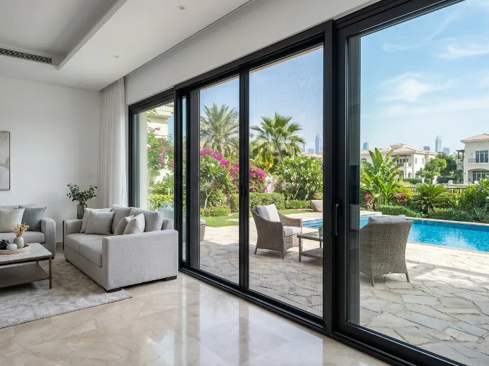 Custom fly screen installed in Dubai villa with black aluminium frame and dark grey fiber mesh