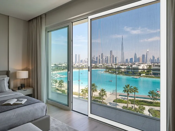 Custom fly screen on District One mansion bedroom window overlooking 7km Crystal Lagoon, dark grey mesh white frame, Dubai UAE