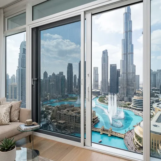 Custom fly screen on Downtown Dubai luxury apartment window overlooking Dubai Fountain, dark grey mesh white frame, UAE