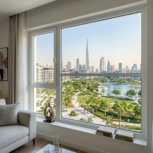 Custom fly screen on Dubai Hills Estate apartment window overlooking Central Park, dark grey mesh white frame, Dubai UAE