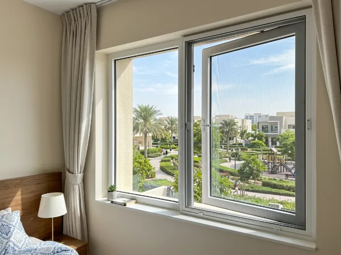 Custom fly screen on JVC villa bedroom window overlooking community park, dark grey mesh white frame, Jumeirah Village Circle Dubai