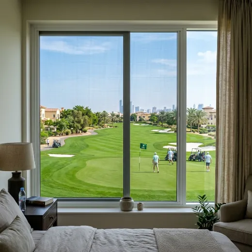 Custom fly screen on Jumeirah Golf Estates bedroom window overlooking Fire course golf fairway, dark grey mesh white frame, Dubai UAE