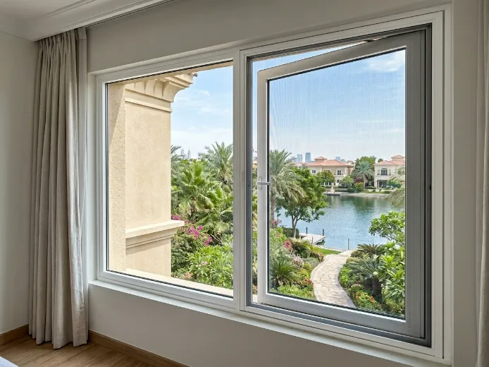 Custom fly screen on The Meadows villa bedroom window overlooking mature garden and lake, dark grey mesh white frame, Dubai