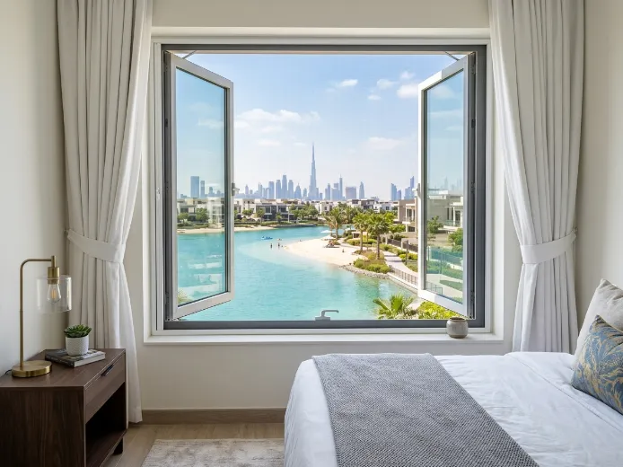 Custom fly screen on Tilal Al Ghaf bedroom window overlooking lagoon, dark grey mesh white frame, Dubai UAE
