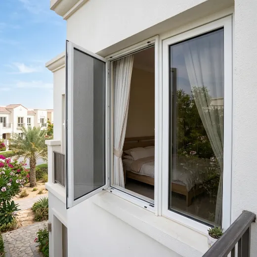 Custom fly screen on Villanova Amaranta townhouse bedroom window, dark grey mesh white frame, Dubailand Dubai UAE