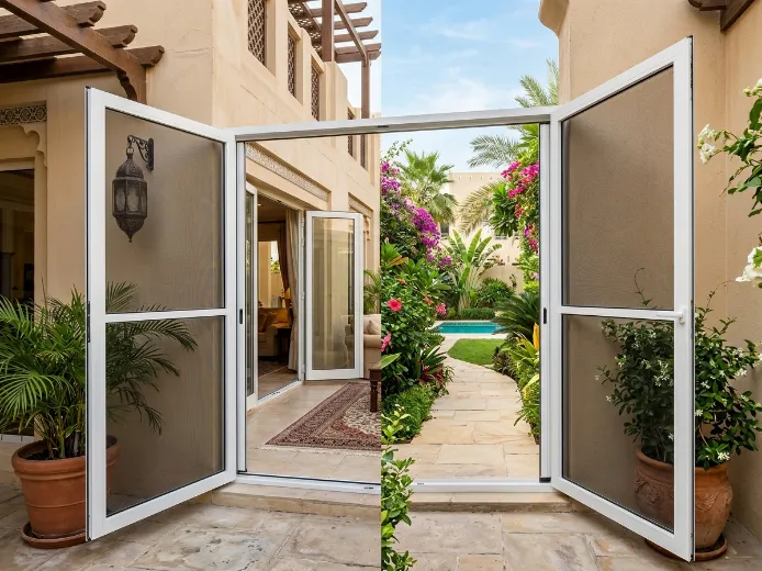 Double fly screen Dubai villa garden entrance white frame black mesh open