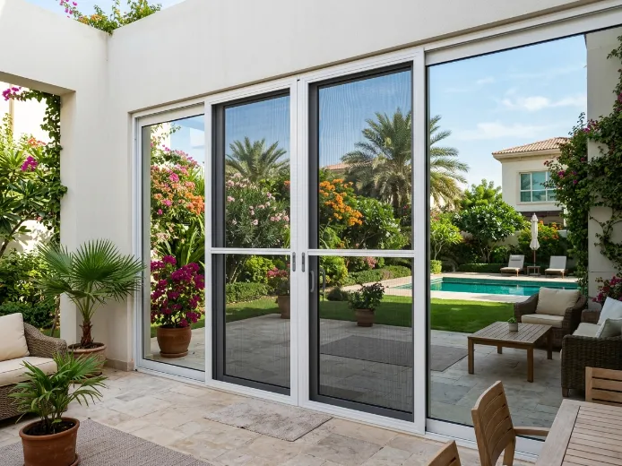 Double fly screen Dubai villa patio two panel dark mesh white frame garden