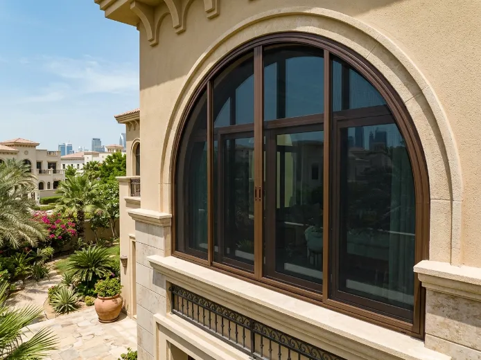 Double fly screen brown bronze custom aluminium frame arched window dark mesh Dubai villa