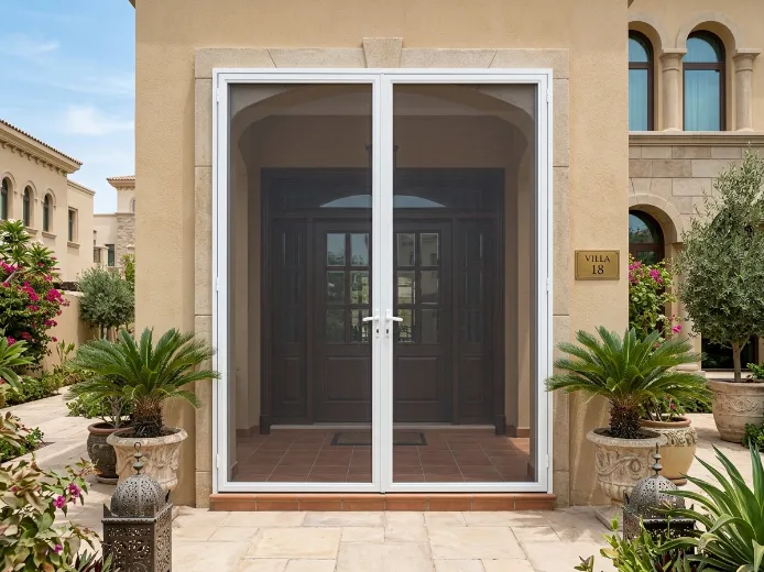 Double fly screen white frame Dubai villa double door dark grey mesh two panel