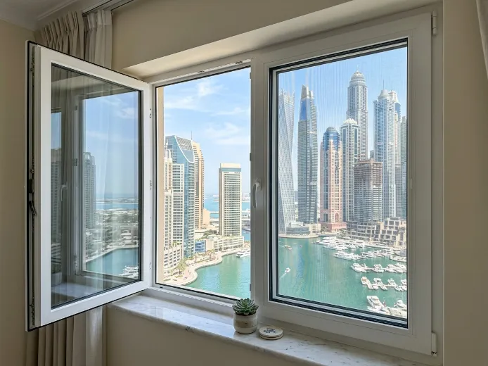 Double fly screen white frame Dubai window black mesh open hinged window view