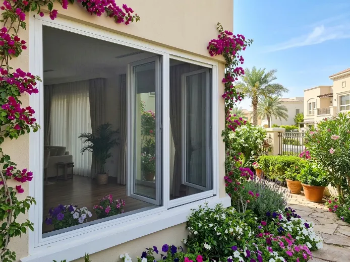Double fly screen wide villa window Dubai white frame dark grey mosquito mesh outdoor garden flowers
