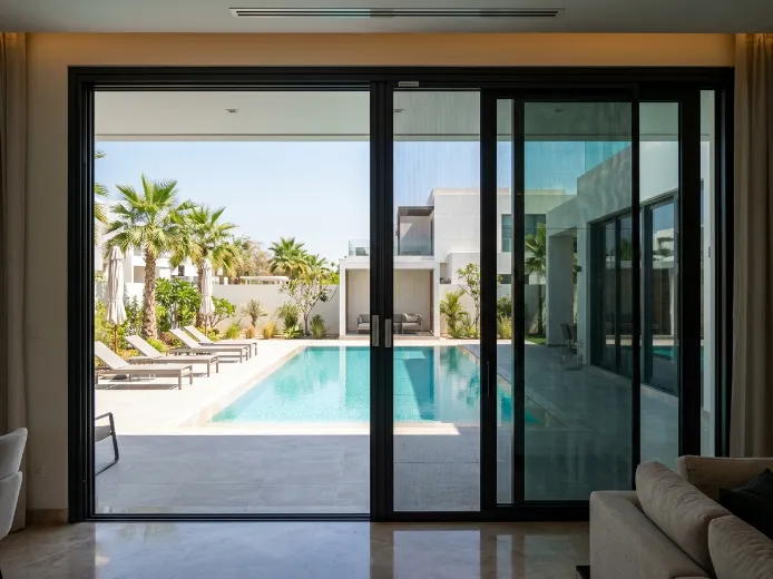 DreamFlyScreen double fly screen installation Dubai villa pool view black frame dark mesh sliding door