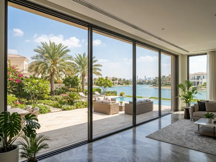 Extra wide fly screen for large patio opening at Dubai South lake villa with garden view