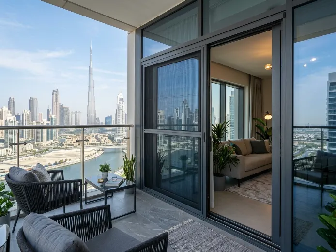 Retractable fly screen on Business Bay apartment high-rise balcony door — grey frame black mesh Dubai