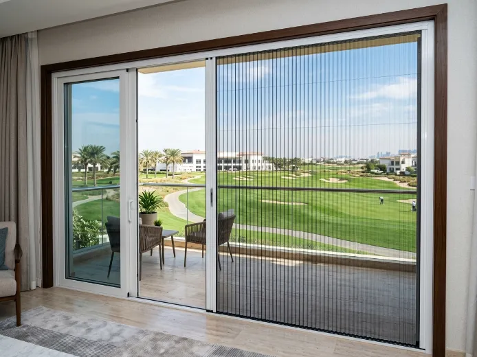Retractable pleated fly screen on Damac Hills villa garden door, white aluminium frame black mesh, Trump Golf Club view Dubai