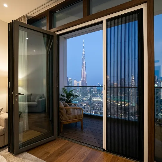Retractable pleated fly screen on Downtown Dubai apartment balcony door, white aluminium frame black mesh, Burj Khalifa view preserved