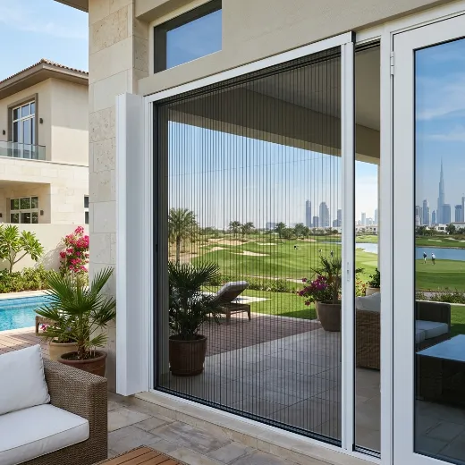 Retractable pleated fly screen on Dubai Hills Estate villa garden door, white aluminium frame black mesh, golf course view Dubai