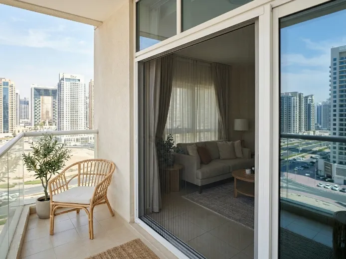 Retractable pleated fly screen on JVC apartment balcony door, white aluminium frame with black mesh, Jumeirah Village Circle Dubai