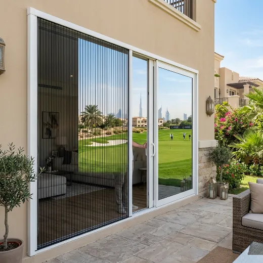 Retractable pleated fly screen on Jumeirah Golf Estates villa garden door, white aluminium frame black mesh, Earth course fairway view Dubai
