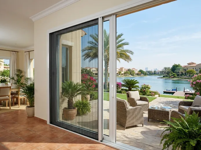 Retractable pleated fly screen on The Meadows villa garden door, white aluminium frame black mesh, lakeside Emirates Living Dubai