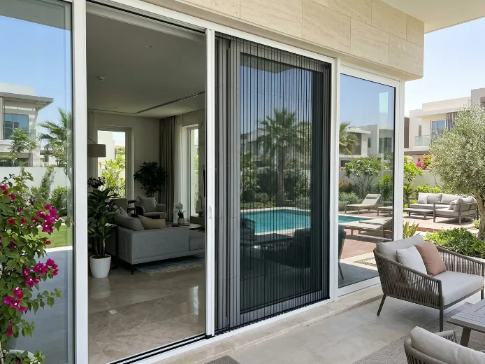 Retractable pleated fly screen on Tilal Al Ghaf villa garden door, white aluminium frame black mesh, Lagoon Al Ghaf view Dubai