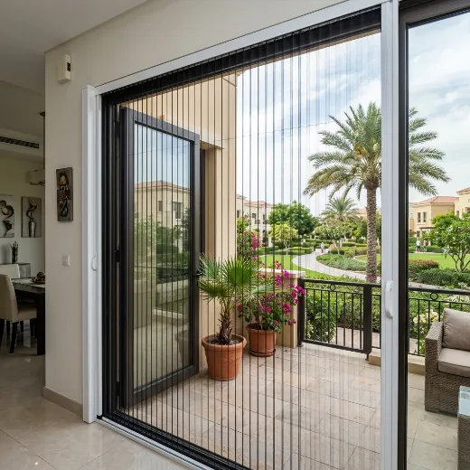 Retractable pleated fly screen on Villanova Dubai villa garden door, white aluminium frame black mesh, La Quinta cluster community park view