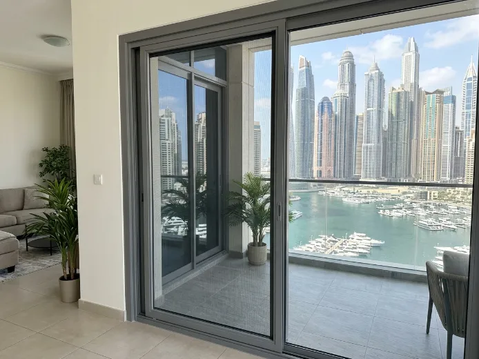 Single fly screen grey aluminium frame Dubai apartment balcony dark mesh mosquito net