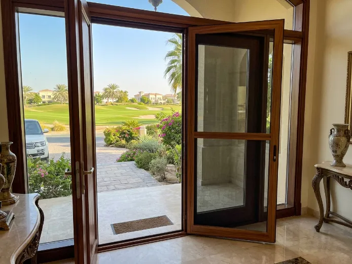 Single fly screen installation for main door at Emirates Hills villa with wood-tone frame and black mesh for Montgomerie Golf Club facing entrance