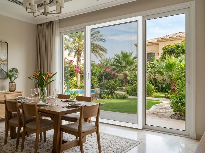 Single fly screen installed in Dubai villa dining room - white aluminium frame grey mesh garden view
