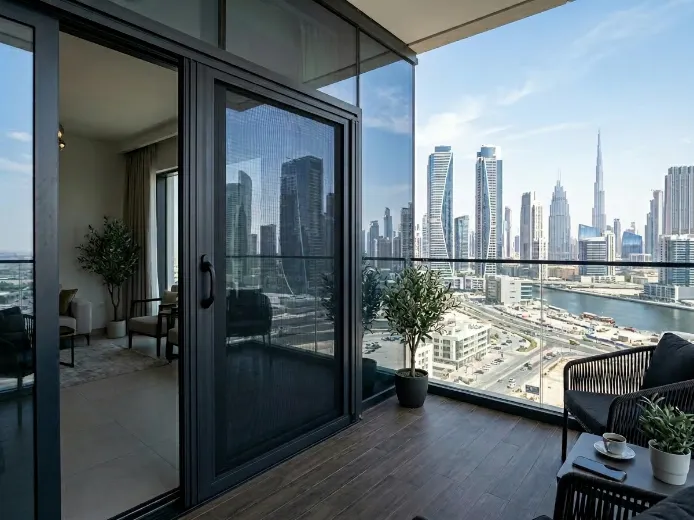 Single retractable fly screen on Business Bay apartment balcony — dark frame black mesh DreamFlyScreen Dubai